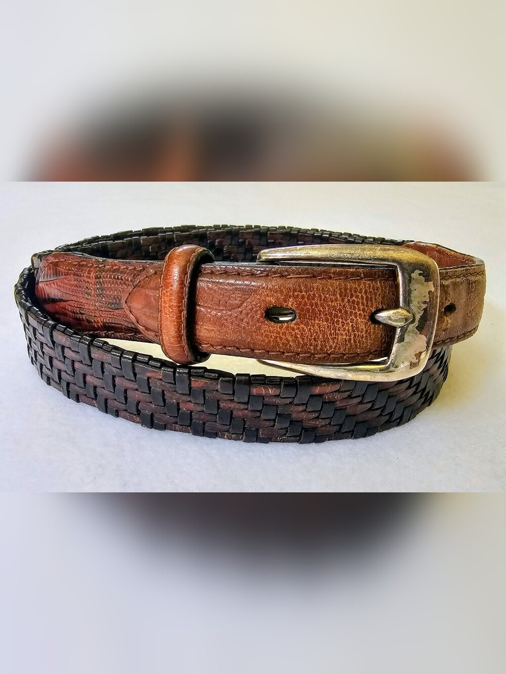 Brighton Brown Black Leather Belt Silver Buckle Braided Woven Classic Hippie VTG